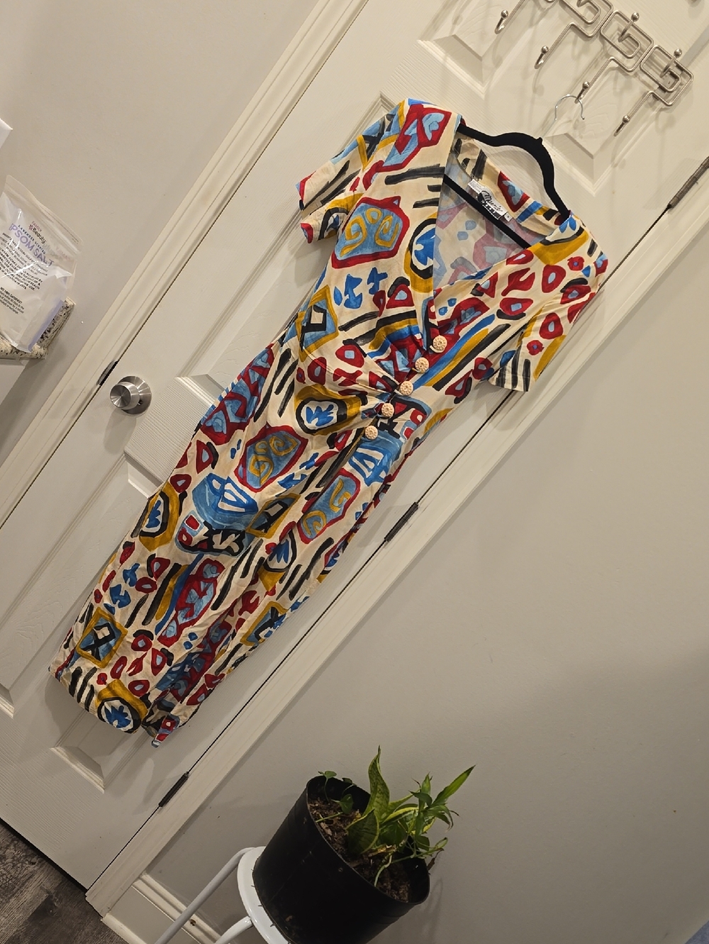Abstract Print Midi Wrap Dress in Cream, Red & Blue